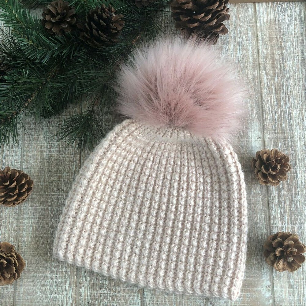 Handmade Crochet Metallic Pink Beanie Pom Pom Hat